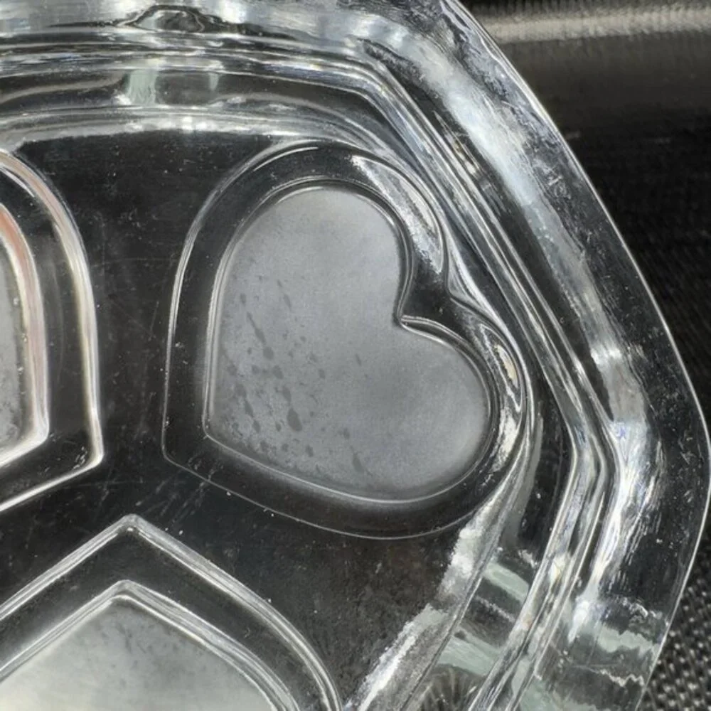 Vintage Scandinavian Clear Glass Dish Bowl Ashtray With Frosted Satin Hearts VTG
